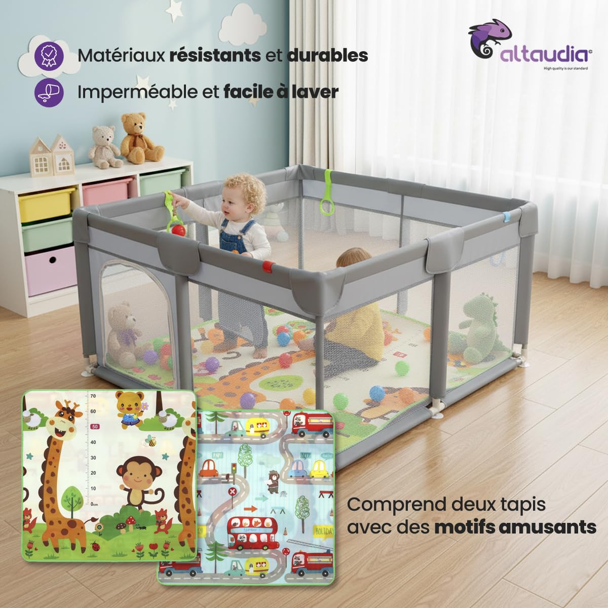Parc pour bébé 120 x 120 cm + tapis + 50 balles + sacs de transport – avec filet respirant – de jeux amusant pour bébé - Gris