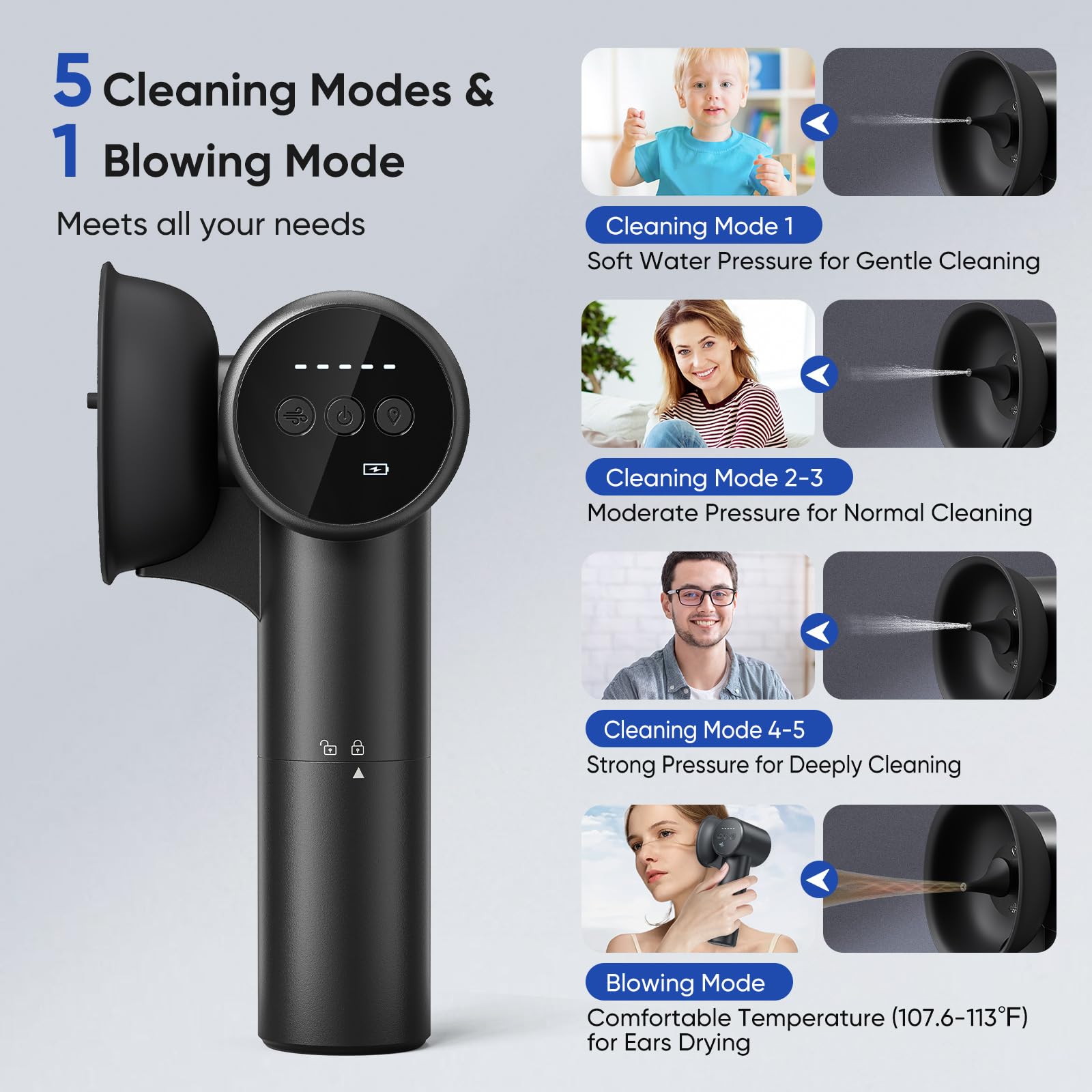 WildFun 2-IN-1 Kit de nettoyage des oreilles, Kit d'élimination de cérumen électrique avec 5 Modes de nettoyage et 1 Mode de soufflage modes, Elimination du Cérumen Rechargeable, IPX7 étanche (black)