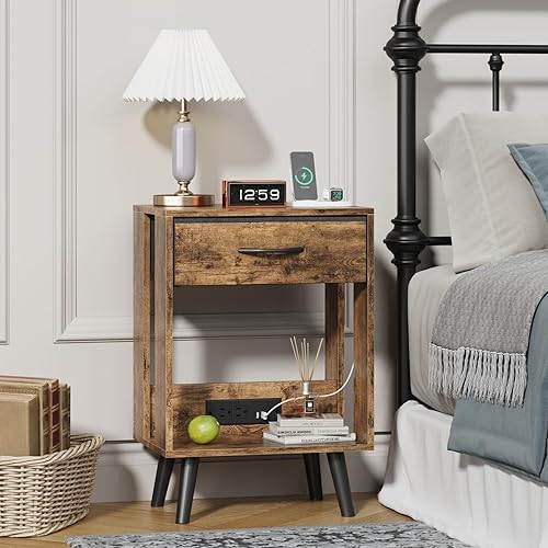 Miniatura 2 de GYIIYUO Mesita de noche con estación de carga y cajón de tela, mesa auxiliar con almacenamiento para dormitorio, mesita de noche con estante de