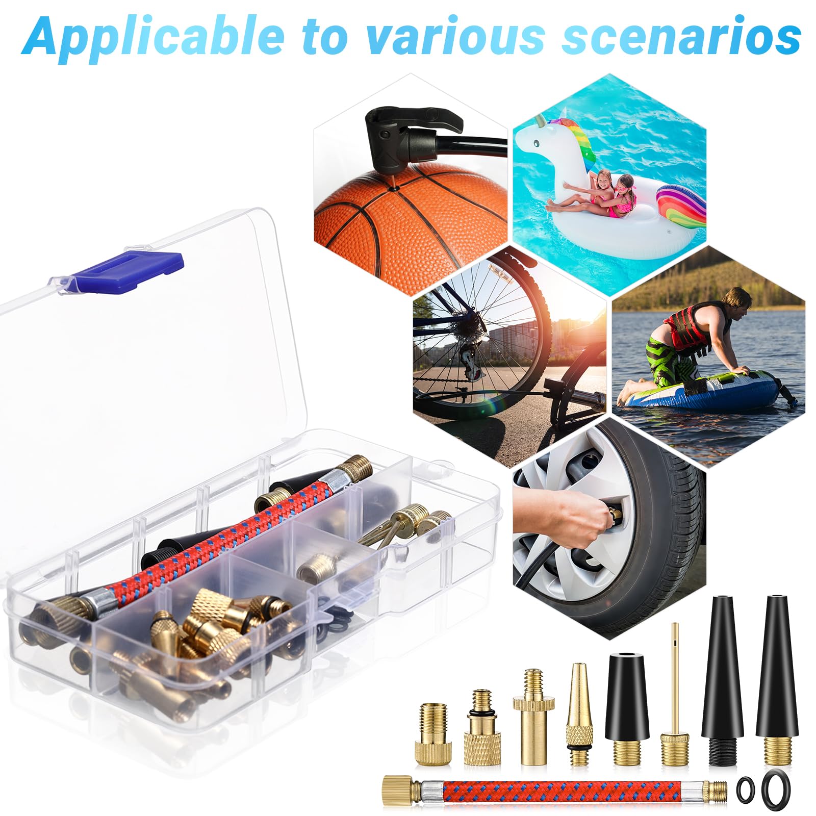 Adattatore Valvola Presta Bici, 33 Pezzi Set Kit Gonfiaggio Bici SV DV AV con Scatola di Immagazzinaggio, Adattatore Pompa Bicicletta con Tubo di Gonfiaggio， per Pneumatici Palloncini e Cuscini d'Aria