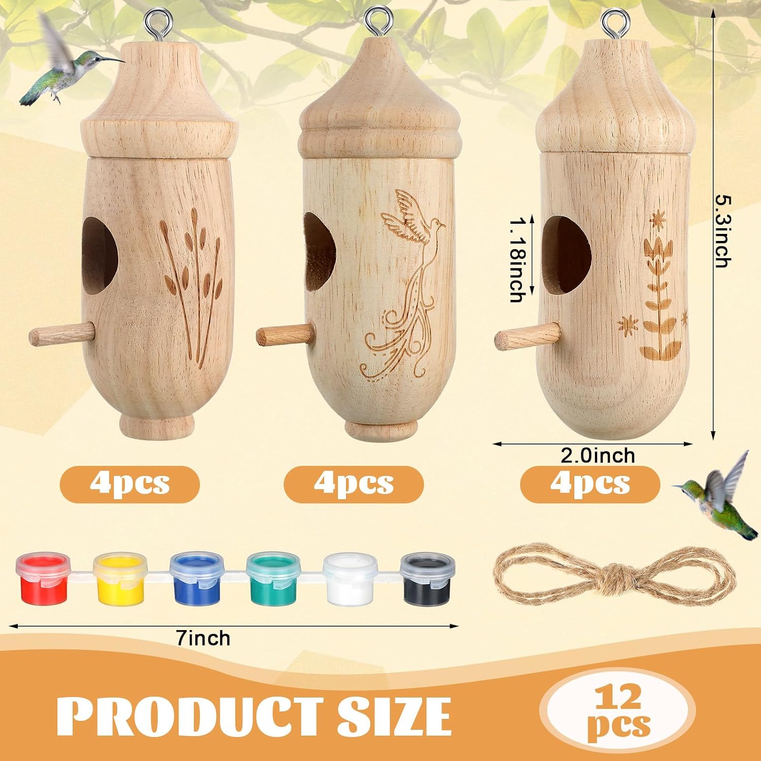 Briwooody 12 Pack Hummingbird House, Natural Wooden Bird House DIY Crafts Kit with 48 Paint Pots, 8 Brushes, Twine for Outside, Gardening Gifts, Home Decoration, Party Favor