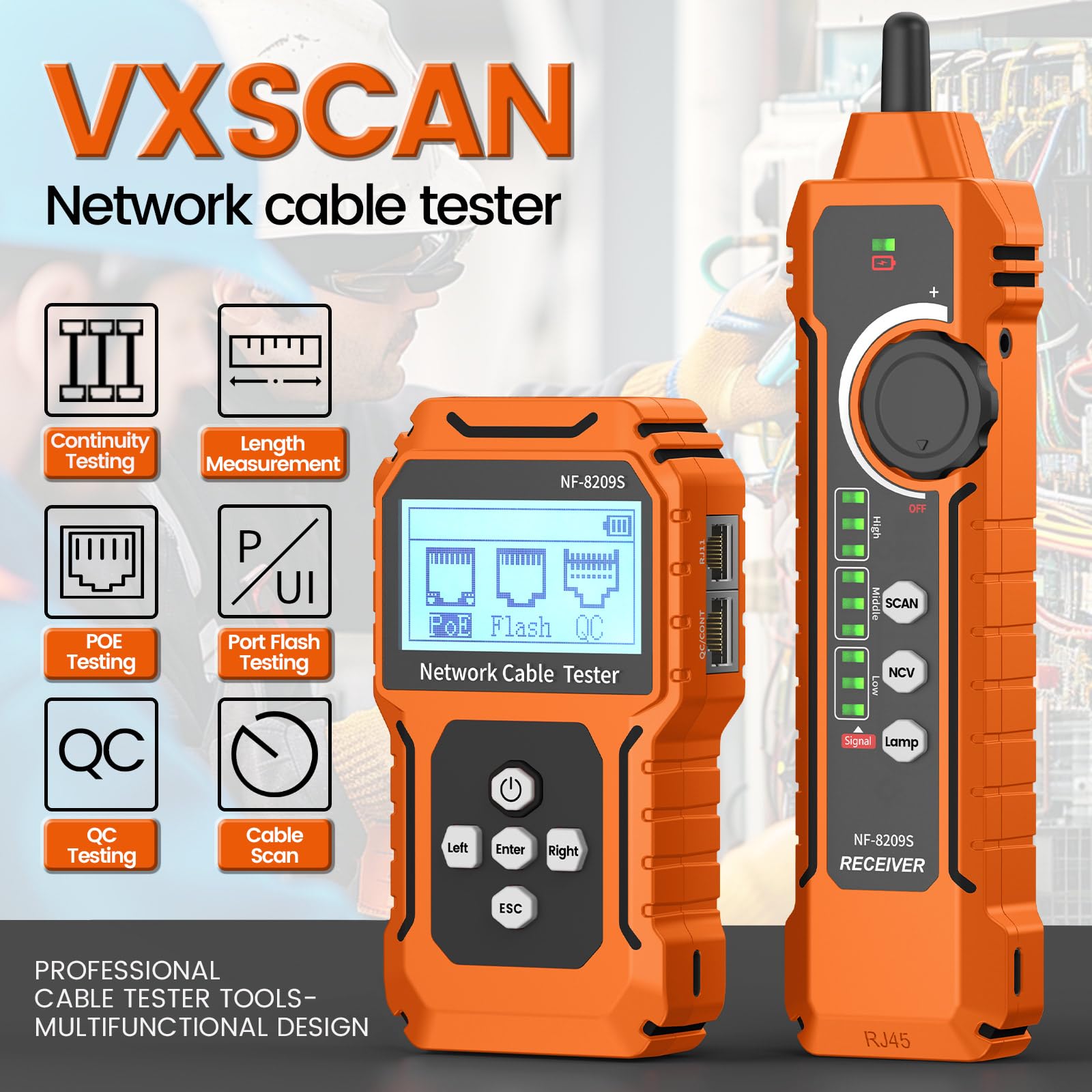 NF-8209S Netzwerkkabeltester mit PoE, Kabellängenmessung, Port-Blinkfunktion, RJ11/RJ45-Kabeltester, CAT5/CAT6-LAN-Netzwerktester, multifunktionale Anti-Interferenz-Scanmodi, Kabelverfolgung