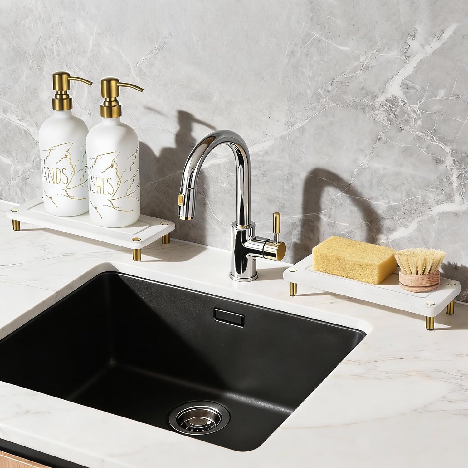 Kitchen Soap Dispenser Set, 16oz Hand and Dish Soap Dispenser Set with 2 Instant Dry Trays, Stainless Steel Pump, Refillable Glass Bottle for Kitchen and Bathroom Countertop (White)