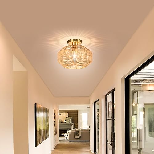 Miniatura 5 de Lámpara de techo semiempotrada de ratán tejido de papel para pasillo, lámpara de techo bohemia para porche, pasillo, cocina, dormitorio, bombilla no