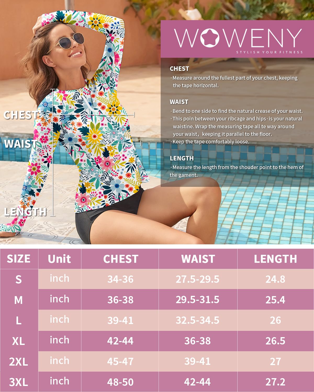WOWENY Camiseta de natación de Manga Larga para Mujer, con Cremallera 1/4, protección Solar, Traje de baño, Camiseta de Surf, Camiseta de Playa, Chaleco de natación