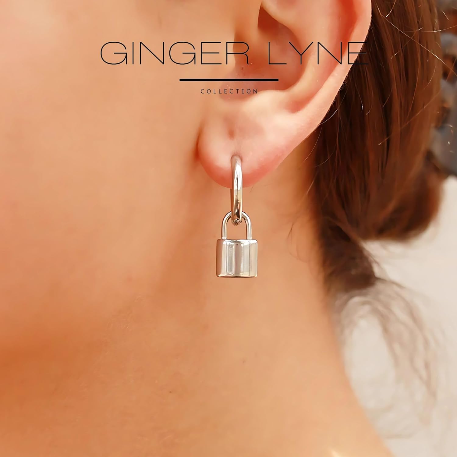 Padlock Dangle Pendant Hoop Earrings for Women by Ginger Lyne | Distressed Finish Stainless Steel Gold or Silver Tone Chunky Dangle Statement Ear Rings | Bold Fashion Jewelry