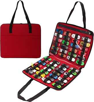 Toy Car Organizer Carrying Case Compatible with Matchbox Cars, Portable Carrying Container Carrier Holder Fit for 52 Toy Car Storage Toy Cars Not Included 52 Slots Red
