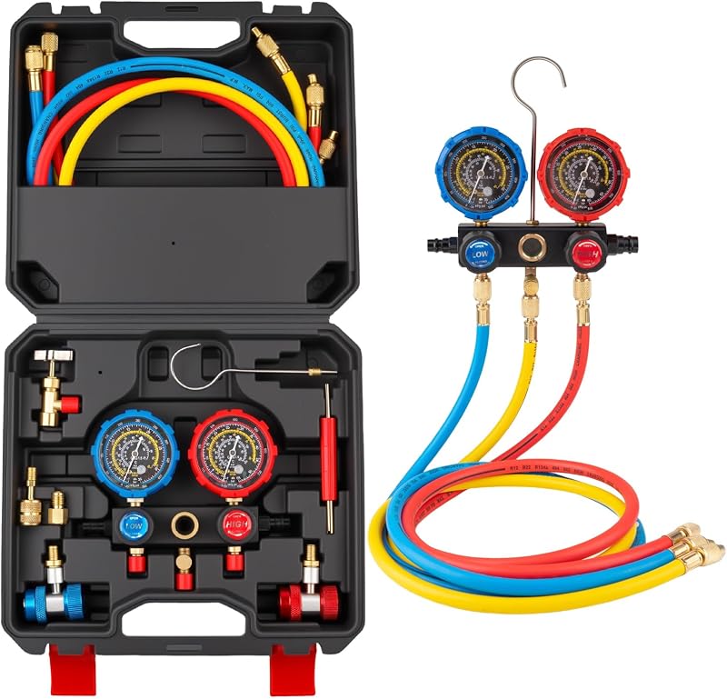 AJulyBee Juego de manómetros de CA de 3 vías para refrigerantes R134A R410A R22 R404A | Kit de recarga de CA para automóviles con mangueras, acopladores rápidos, adaptadores y grifo para carga, evacuación y mantenimiento de CA de freón de automóviles