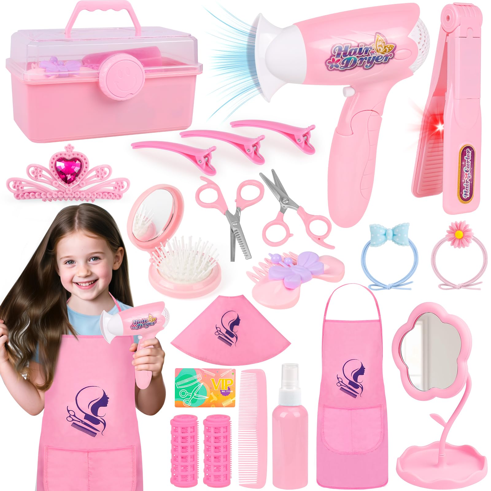 Hair Salon Toys for Girls, Kids Pretend Hair Styling Kit with Realistic Hairdryer, Straightener, Stylist Apron &amp; Scissors Accessories, Beauty Makeup Set Christmas Birthday Gifts for Toddler 3 4 5 6+