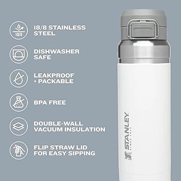 Stanley Quick Flip GO Water Bottle, 24 oz, Push Button Lid, Leak Proof, Retractable, Travel Sports Insulated Stainless Steel, BPA Free, Polar