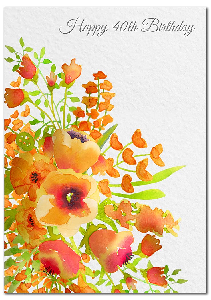 Extra Large 40th Birthday Card for Women - XL Big thick A4 size - Special Age Year - Flower Bouquet Watercolour Art - Beautiful Female Greeting Her Huge Happy Wishes Nice - UK Eco-Friendly