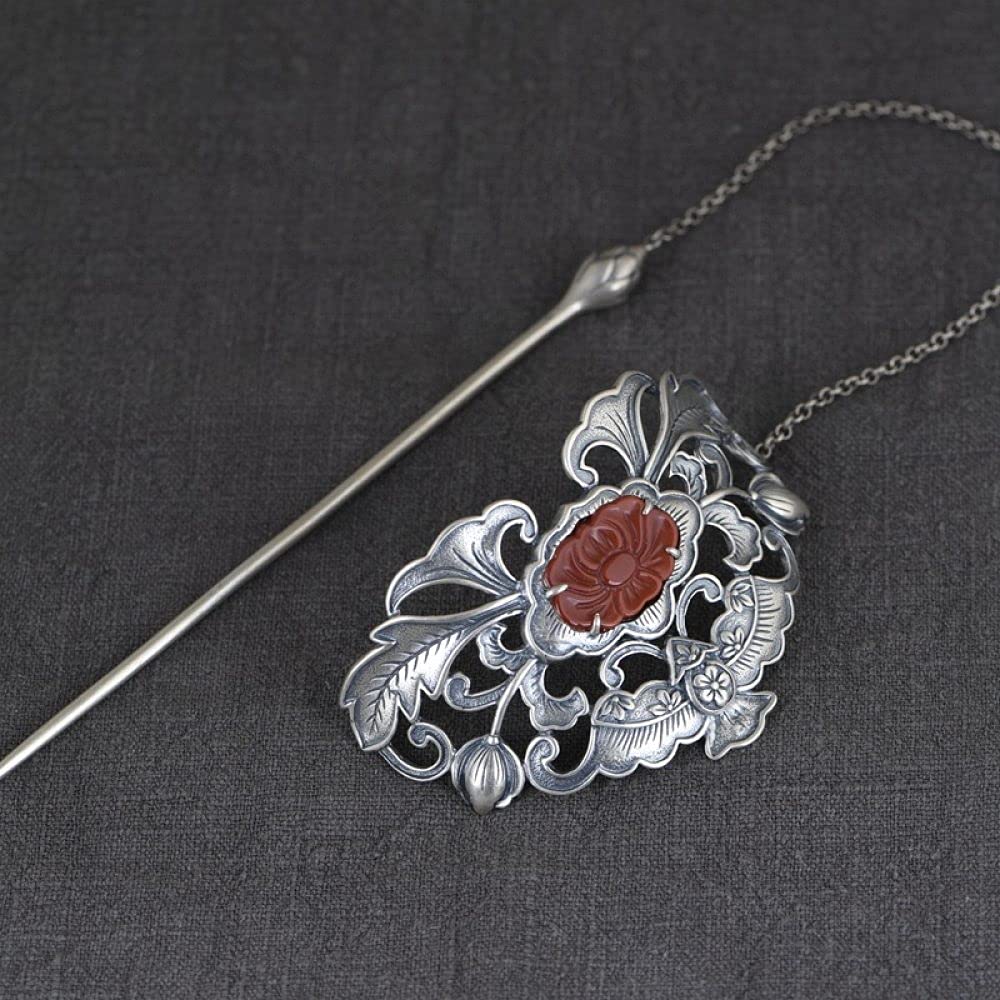 Chińska biżuteria do włosów, 925 Srebrny Uchwyt Na Kok, Damski Spinka Do Włosów Vintage Czerwony Agat Peonia Kwiat Z Łańcuchem Retro Spinka Do Włosów Widelec Klatka Na Kok Uchwyt Na Kucyk