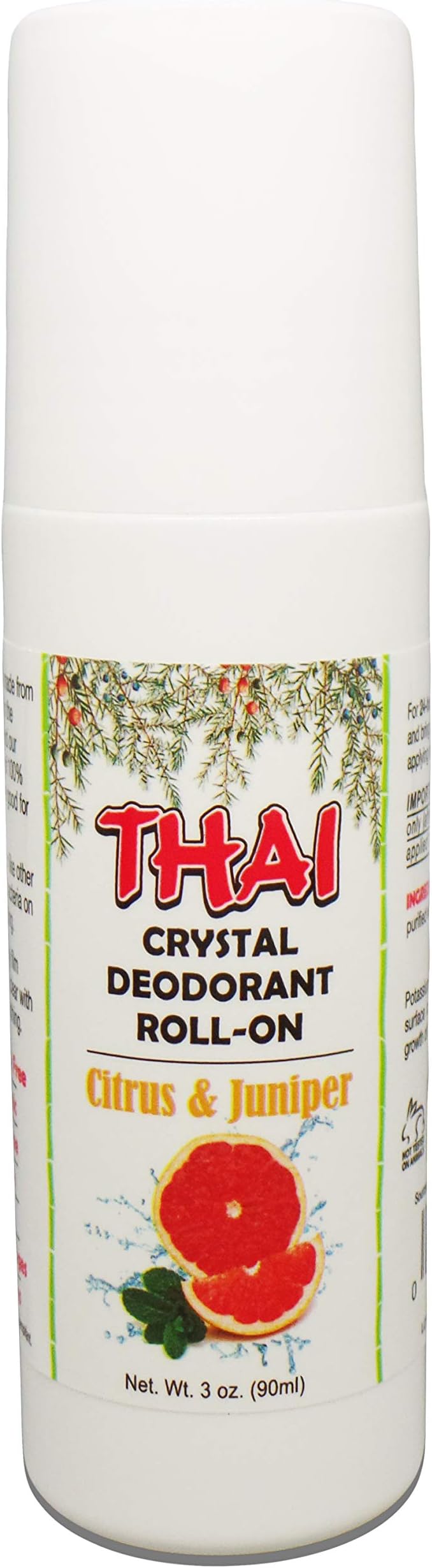 Thai 100% Natural Crystal Scented Deodorant Liquid Roll-on, No Aluminum Metals, Parabens, Propyls, or Sulfates, Cruelty Free and Environmentally Safe, Citrus & Juniper, 3 Fl Ounce