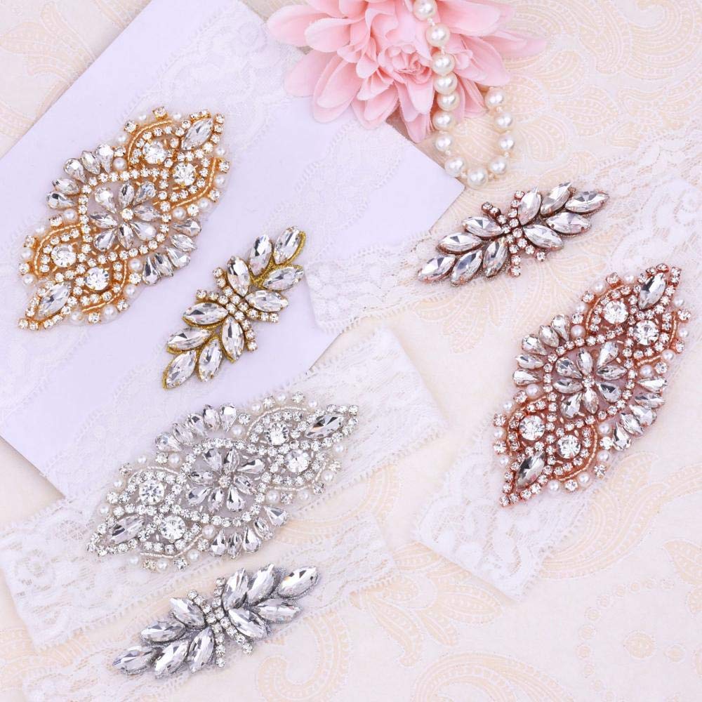 Set di Reggicalze in Pizzo, Accessori da Sposa in Pizzo con Diamanti Fatti a Mano Giarrettiera-Bianco BR_XL, Giarrettiera per spose in Pizzo (Bianco BT L)