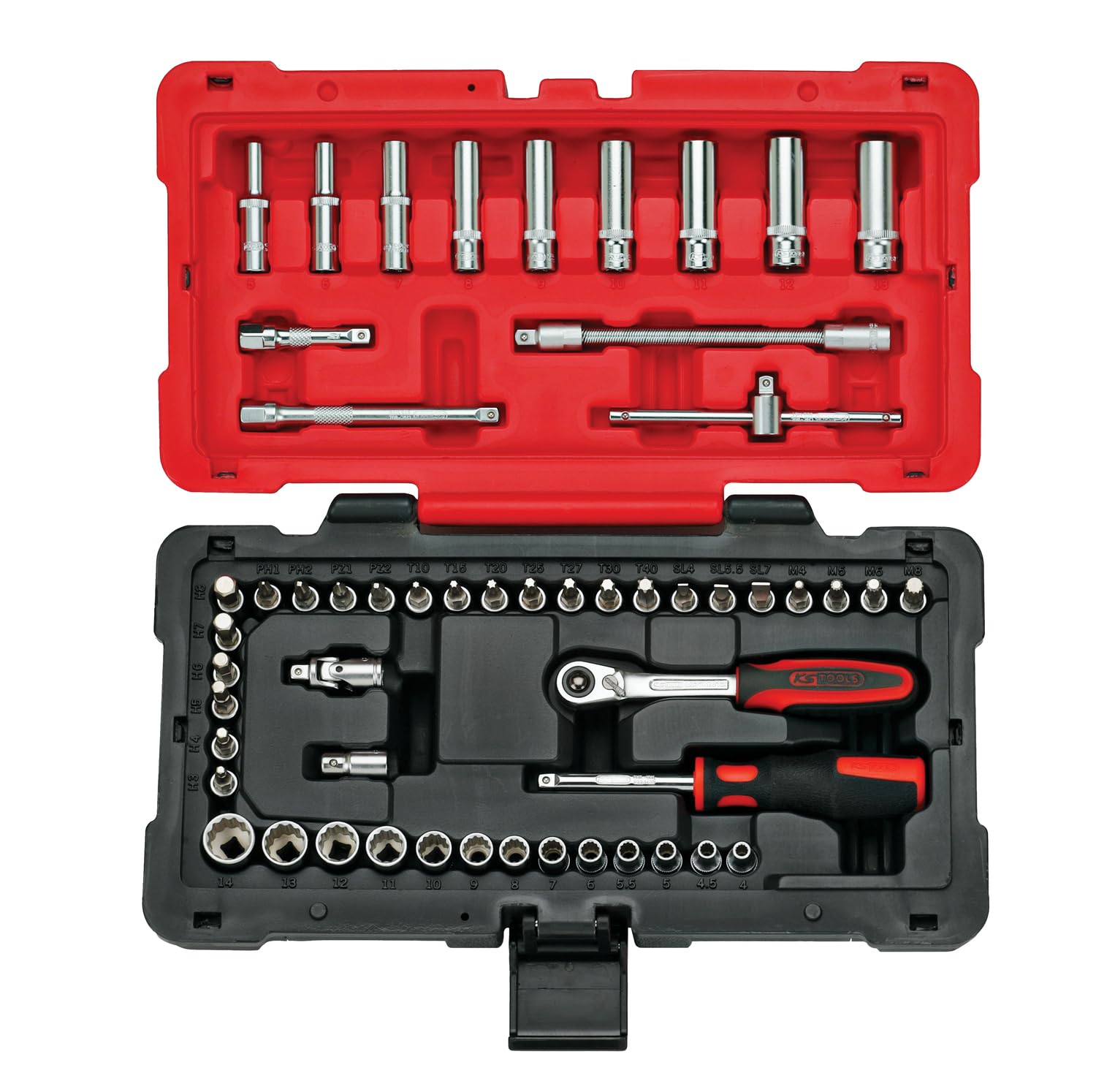 KS Tools 922.0655 Ultimate® Range 12-Point Socket and Accessories Set 72 Teeth Reversible Ratchet Satin Chrome Finish 54 Pieces