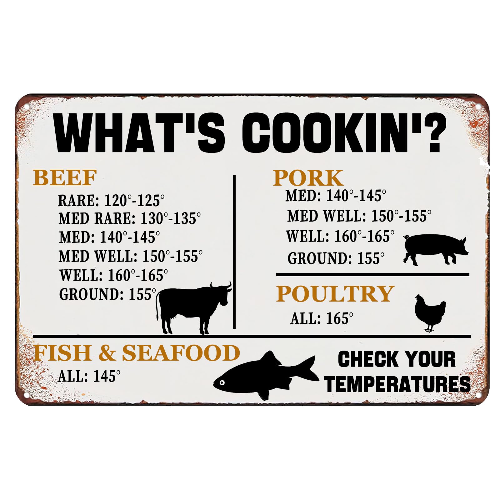 What's Cookin' Meat Temperatures Retro Metal Tin Sign, Measurement Kitchen Conversion Magnet Sign Cooking Chart Decor for Kitchen Restaurant Home Bars Cafes Store 8x12 Inch