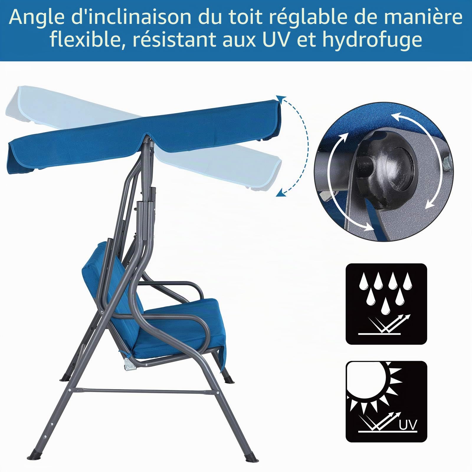 Balancelle de Jardin Hollywood Bleu 140x112x150 cm Balançoire Max 200kg Pare-Soleil Pieds antidérapants Jardin Terrasse