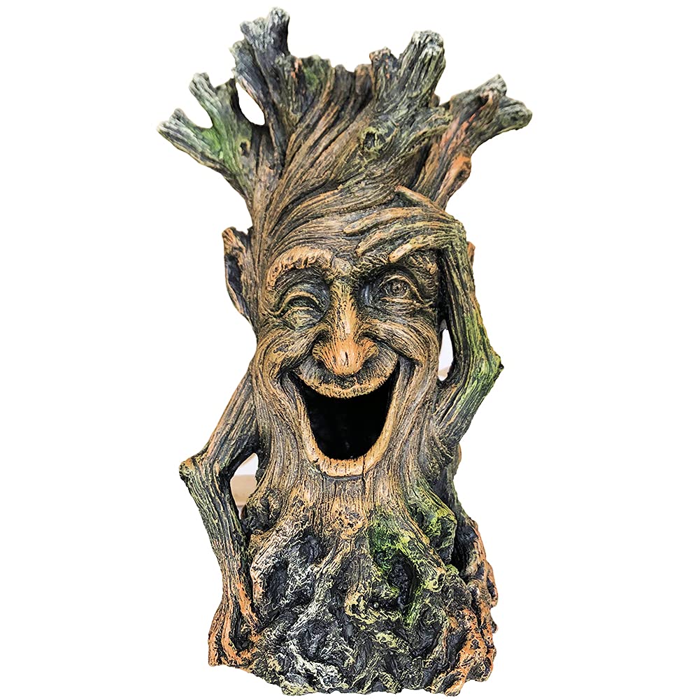 SLOCME Estatua de árbol de pecera, decoración de árbol realista, adorno de escultura de madera, pescado puede nadar a través del agujero del tronco