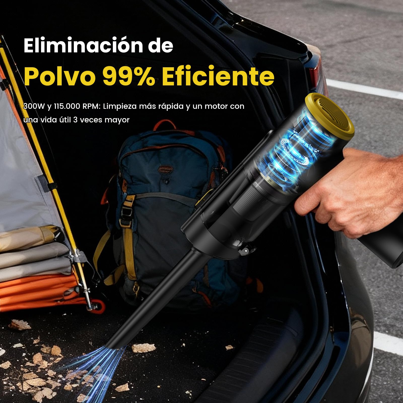 V5 Aspiradora de Mano sin Cable 28KPa/60Min,Aspiradora Coche Potente | Mini Aspiradora de Mano Portátil 3 en 1 Aspirar/Soplar/Inflar, Pantalla LED, Luz Verde y Filtro HEPA