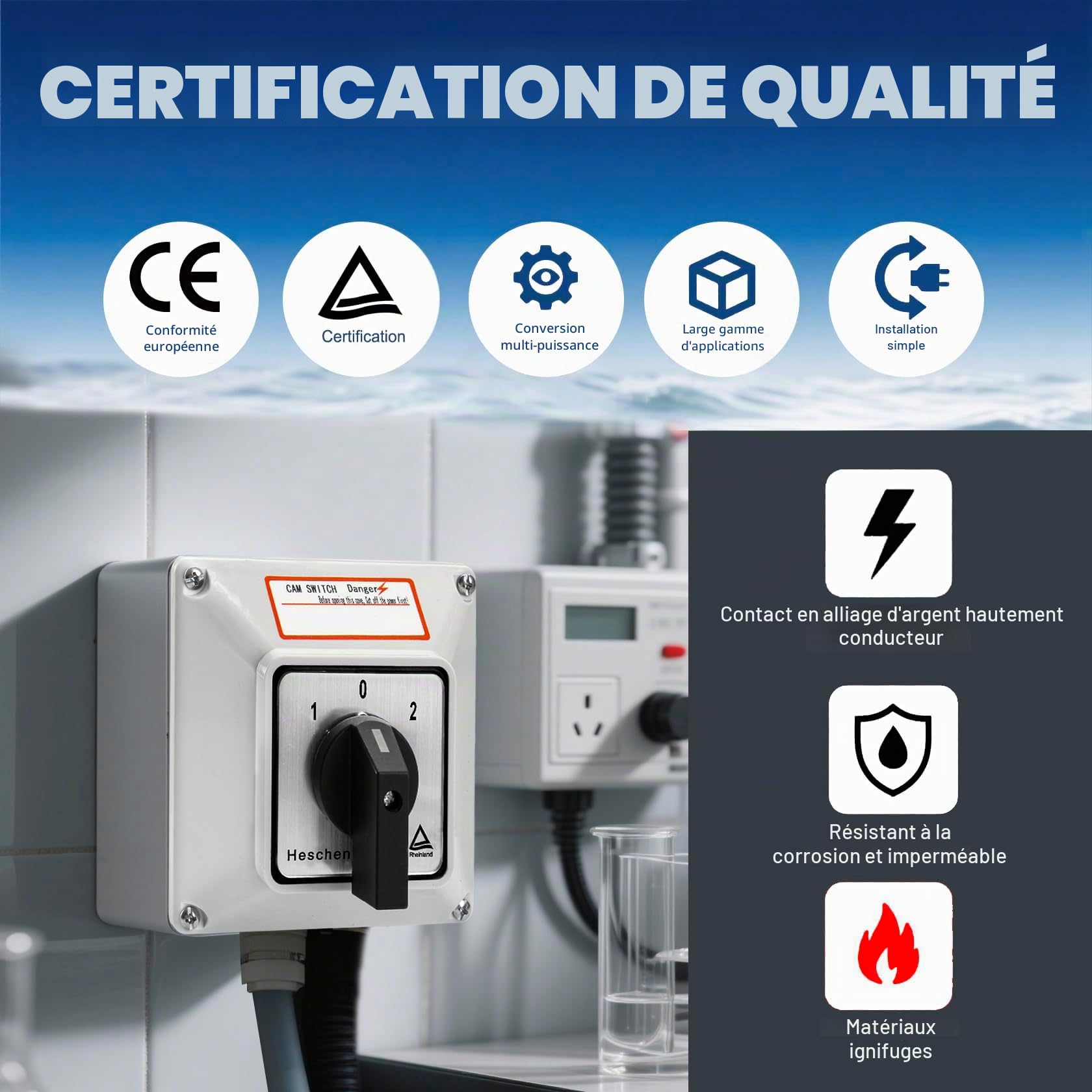 Heschen Commutateur rotatif universel SZW26-63/D404.4D 660V 63A ON-OFF-ON 3 positions 4 phases 4NO+4NC 16 bornes CE avec interrupteur principal boîtier extérieur LW28-63/4