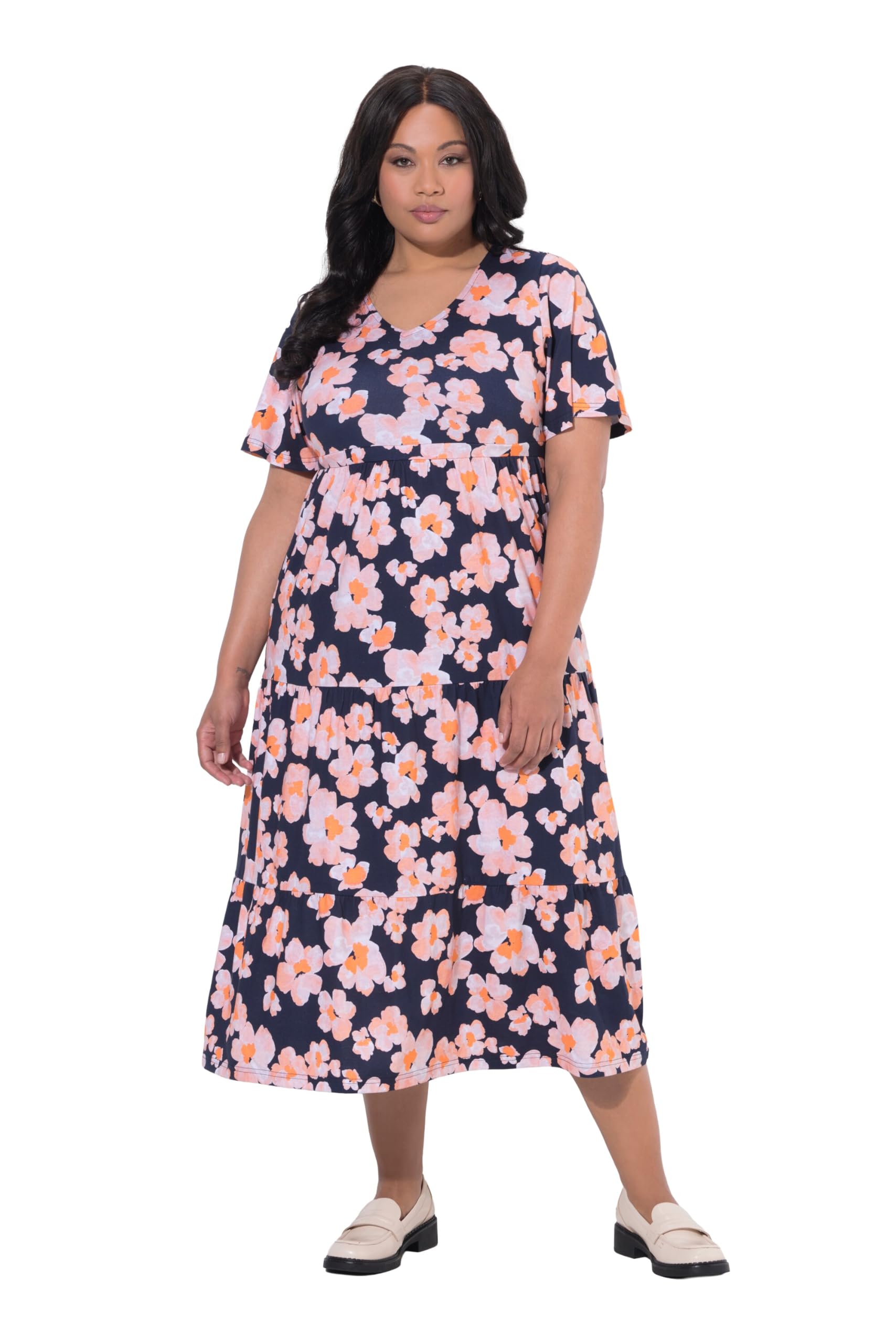 Ulla Popken Damen große Größen Übergrößen Plus Size Maxikleid, Blüten, A-Linie, V-Ausschnitt, Flügel-Halbarm 847683