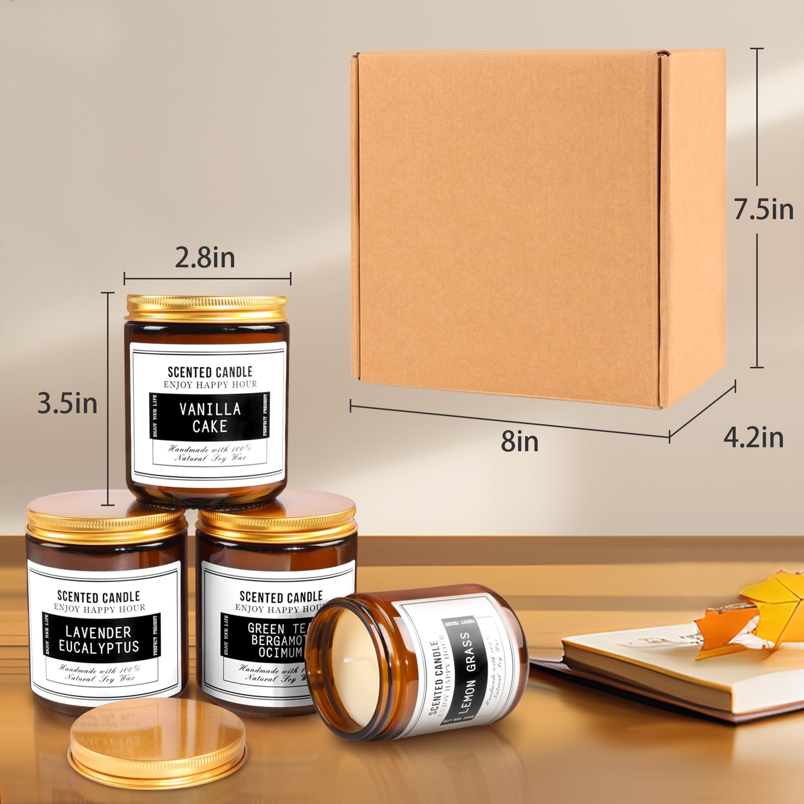 Vela perfumada prémium (M-4 piezas, eucalipto y lavanda/té verde y bergamota ocímum/hierba de limón/pastel de vainilla)