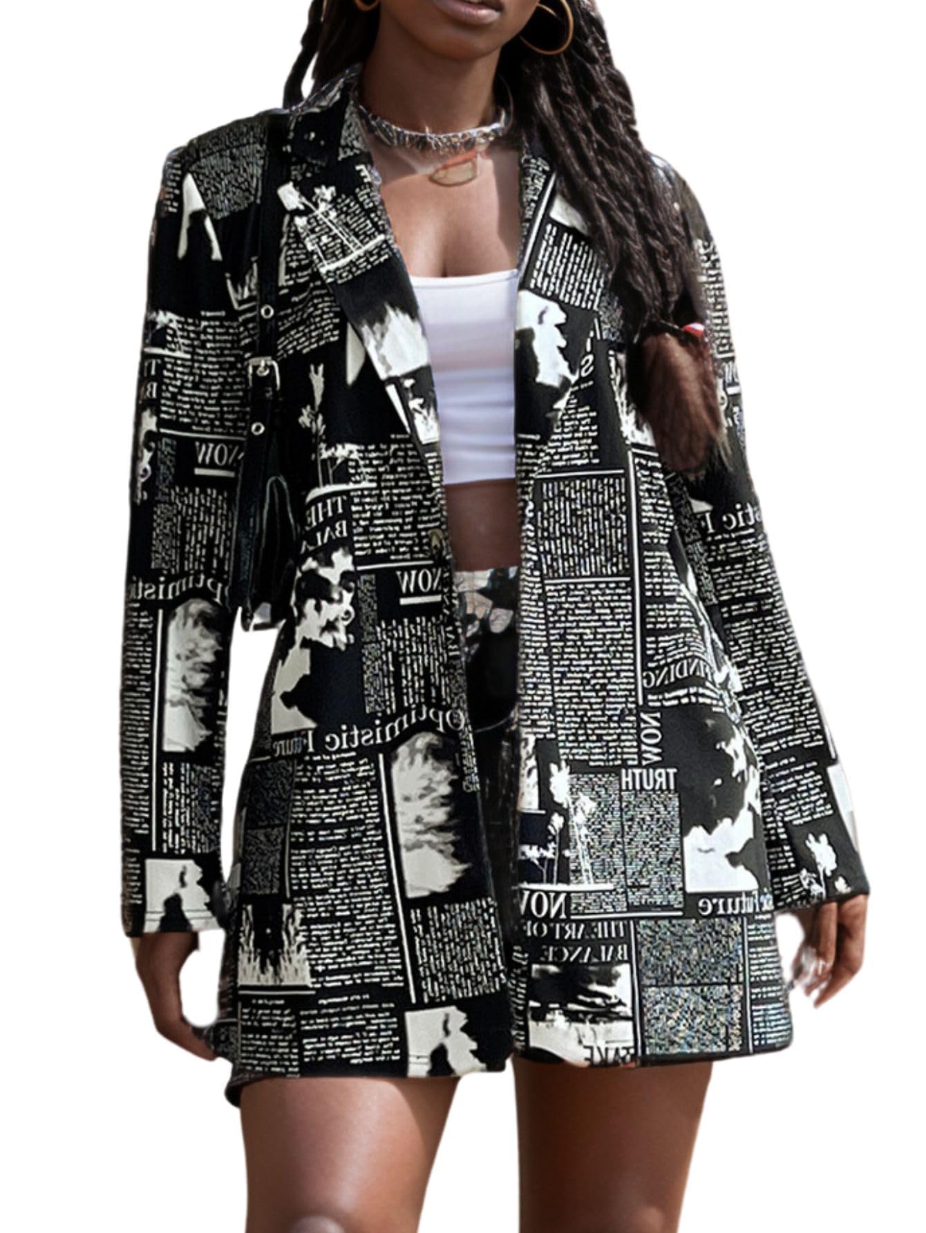 WDIRARA Womens Newspaper Print Single Button Blazer Lapel Collar Long Sleeve Work Office Jacket