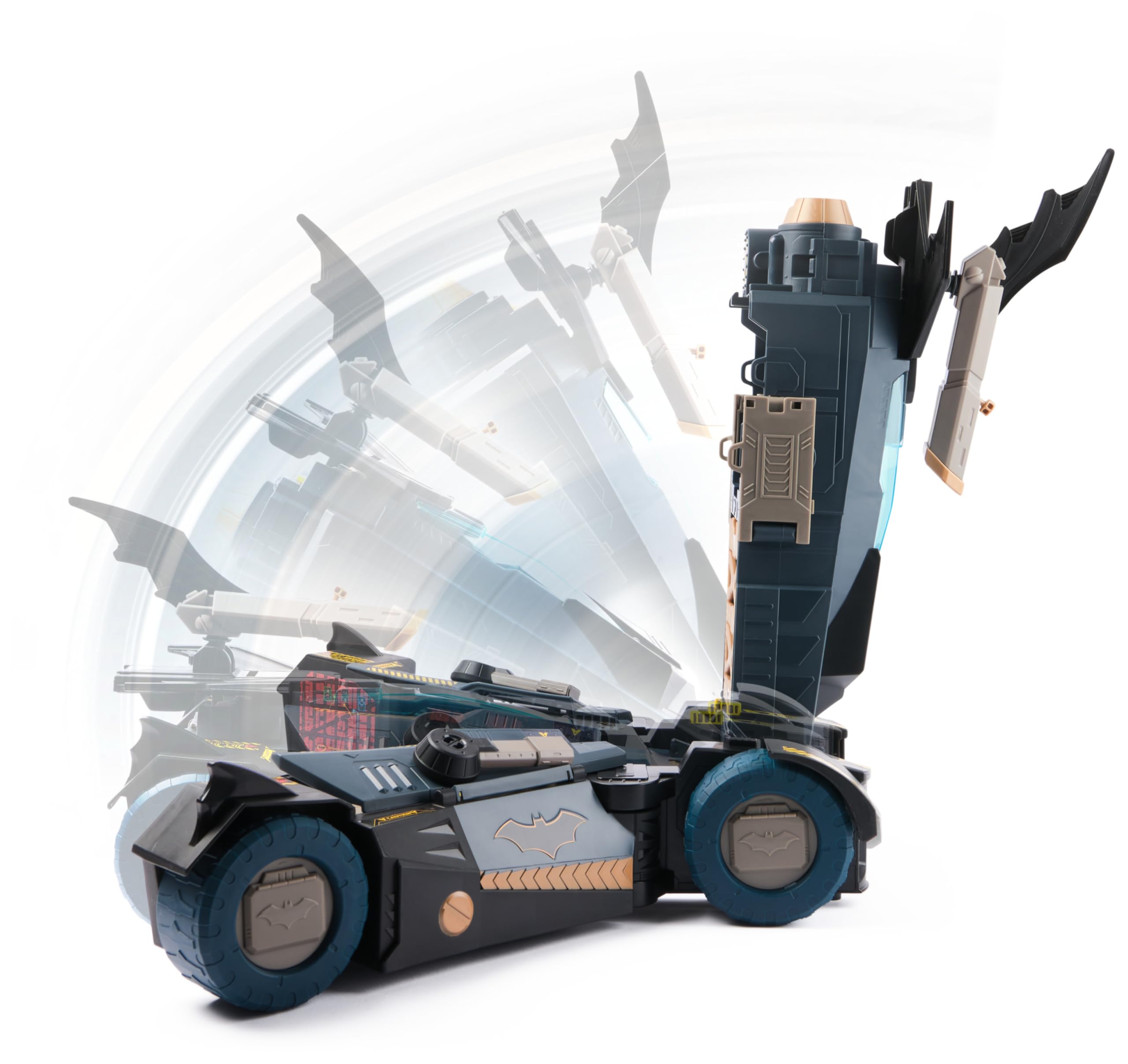 DC Comics - Ultimate Transforming Batmobile mit Batmanfigur (10cm), 1 Pfeil-Katapult, Lichteffekten, Soundeffekten, per Knopfdruck zur Batcave transformierbar. Ab 4 Jahren
