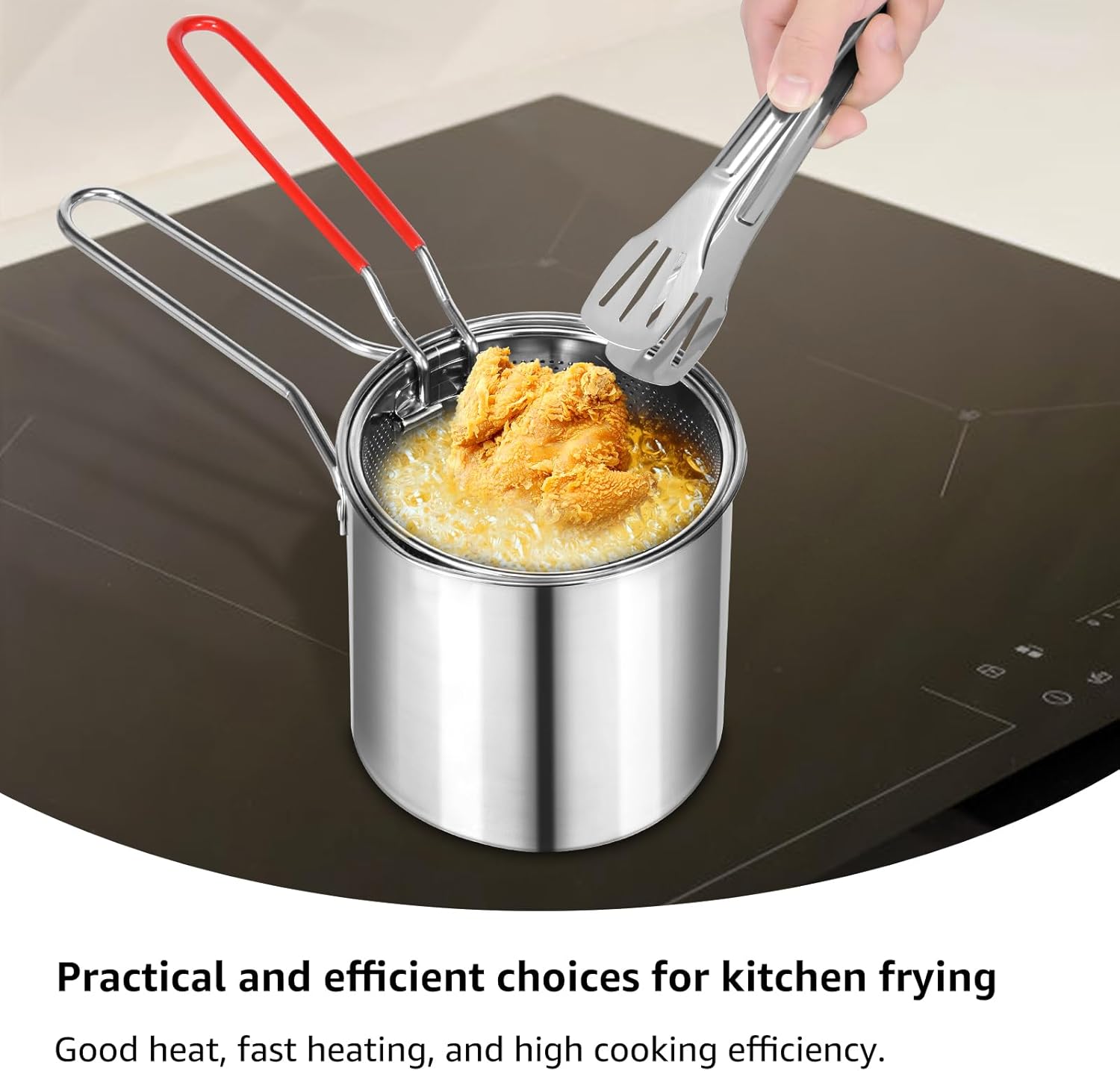 Deep Fat Fryer Set with Strainer Basket and Extended Handle, Mini Stainless Steel Deep Fryer Pot Food Grade Outdoor Fryer with Lid Portable Food Cooking Pot for Frying Fish Shrimp Chicken Fries