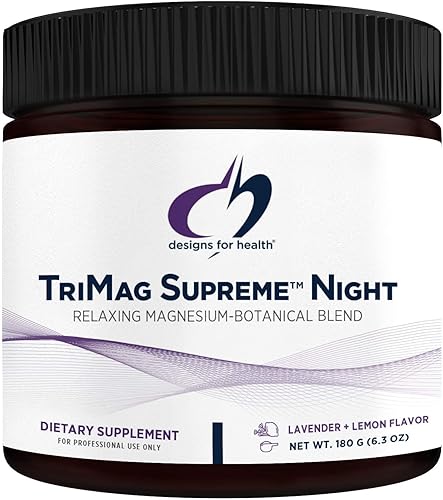 Designs for Health TriMag Supreme Powder Night - Suplemento de bebida de magnesio de 300 mg con cereza ácida para calma y sueño, sabor a lavanda y