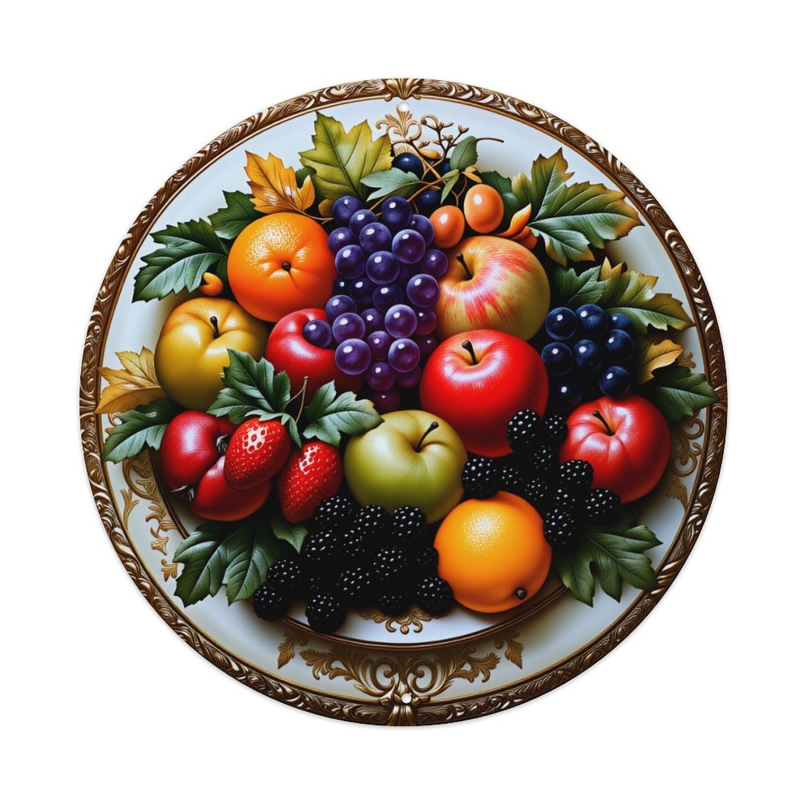 Fruit Arrangement On Ornate Plate With Leaves And Berries Round Vintage Tin Sign,Retro Wall Art,Metal Poster for Home, Bar, Garage, Cafe, Rustic Indoor & Outdoor Decor, 8x8 Inches
