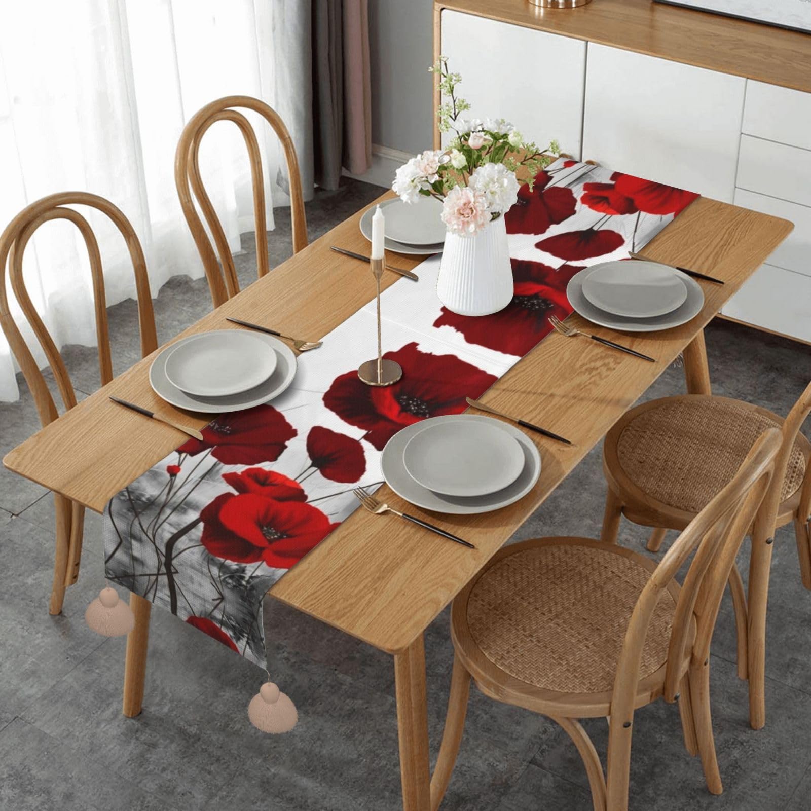 Chemin de table coquelicot rouge lin décoration cuisine salle à manger Noël