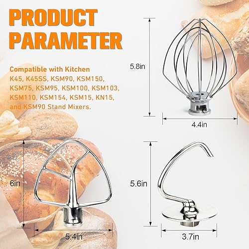 Miniatura 3 de Funmit Accesorios para mezcladores Accesorios de acero inoxidable de repuesto para mezcladores de ayuda de cocina, látigo de alambre K45WW, gancho