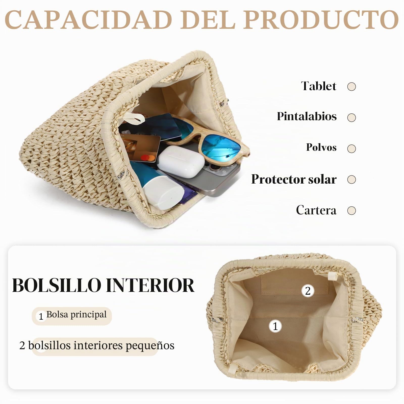 EVEOUT Clutch de Paja Trenzada con Cadena Mujer Boho Bolso Tejido para Fiesta Bodas Verano Bolsos de Mano Rafia Sintética para Playa Vacaciones