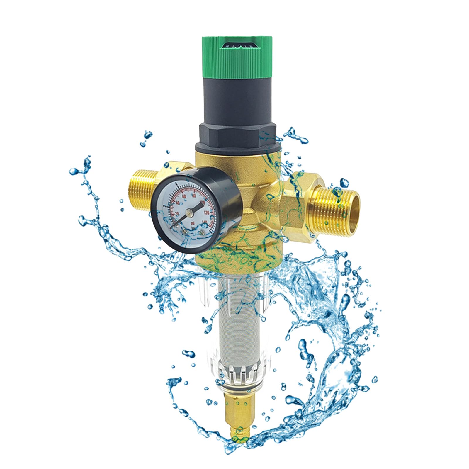 Réducteur de pression d'eau 1/2", filtre de rinçage avec réducteur de pression, valve de réduction de pression d'eau avec manomètre en laiton pour filtrer les impuretés dans l'eau