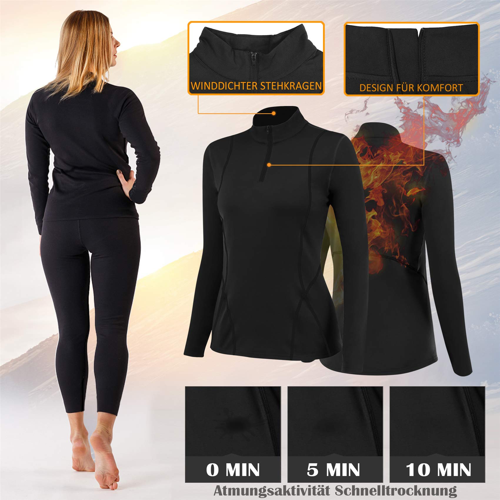TBoonor Biancheria Intima Termica da Donna con Collo Alto, Antivento, Set di Biancheria Intima Termica, Biancheria Intima da Sci, Traspirante, Flessibile, Termica
