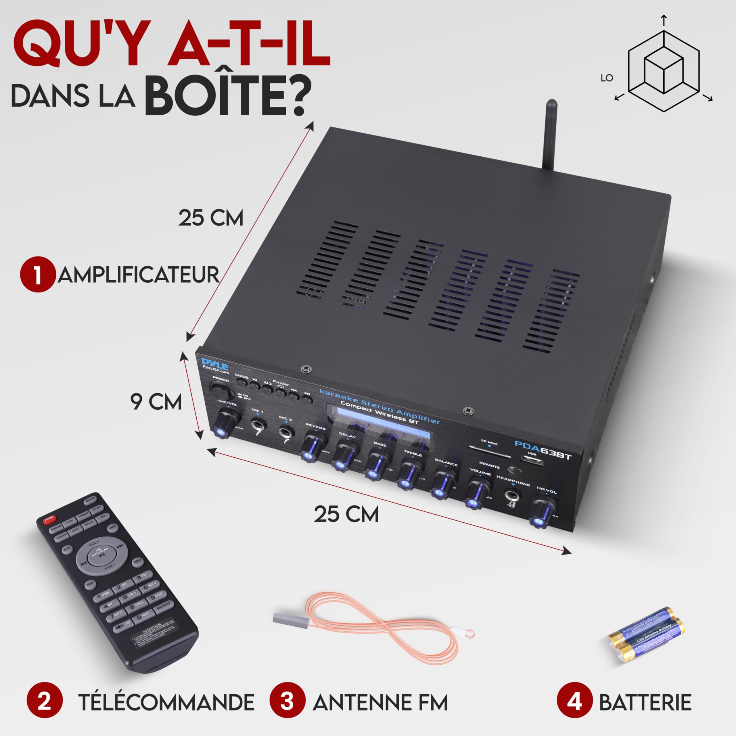 Pyle Amplificateur Bluetooth Stéréo sans Fil, Multi-Canaux, 200 Watts, Système Récepteur Audio pour la Maison avec Radio FM, Bluetooth, USB, SD, AUX, RCA, Entrée Microphone, Antenne et FM