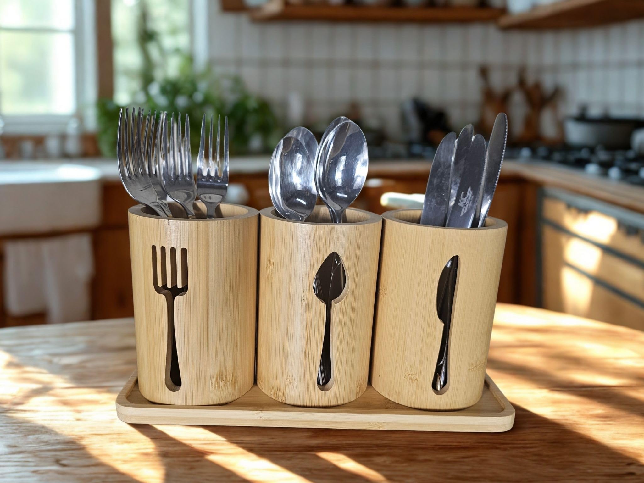 Bambus-Besteckhalter-Set – 3 Küchenutensilienhalter Besteck-Organizer mit Bambus-Tablett | Dekorativer Küchen-Arbeitsplatten-Besteckständer | Utensilienhalter – Messer-, Gabel- und Löffelhalter