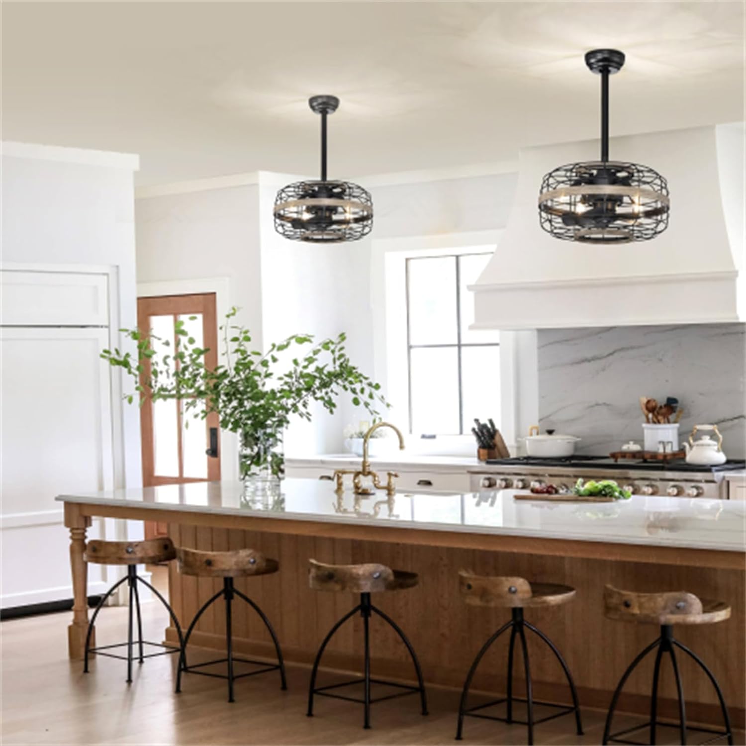 18-inch Farmhouse Ceiling Fan Light, Cage Ceiling Fan with Remote Control (3-Speed ​​Adjustable), Wooden Rustic Enclosed Reversible Ceiling Fan, Lighting and Blowing All-in-One, Bedroom, Living Room