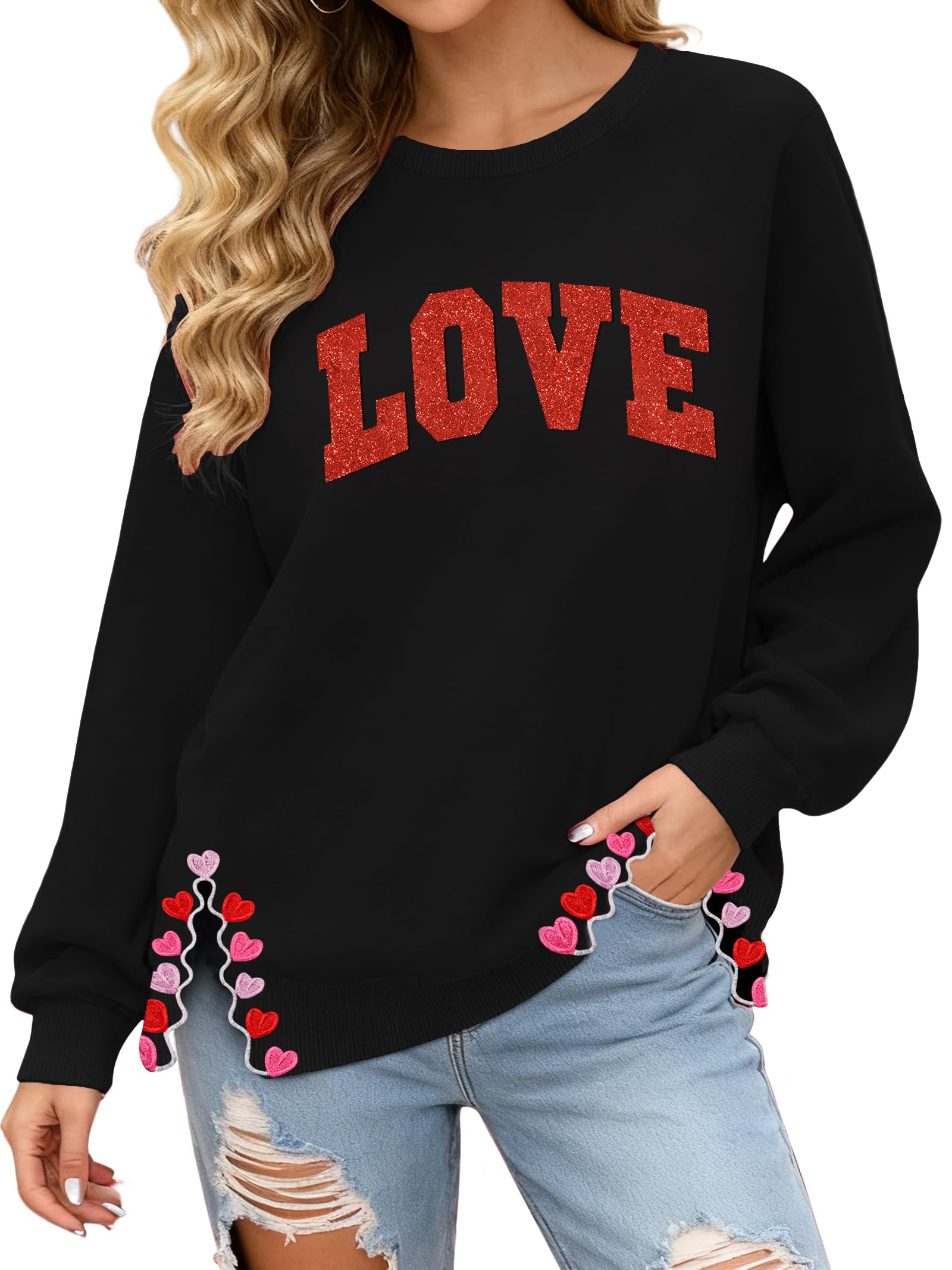 pechar Valentine Sweatshirts Women Love Valentines Shirts Embroidered Crewneck Long Sleeve Tops With Side Heart Applique-picture-33