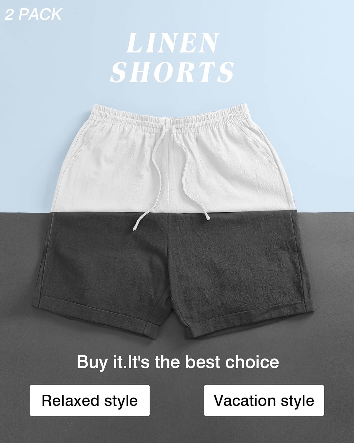 Ficerd 2 Pack Men's Big and Tall Linen Shorts Casual Elastic Waist Cotton Blend Drawstring Summer Beach Shorts with Pockets - Image 3