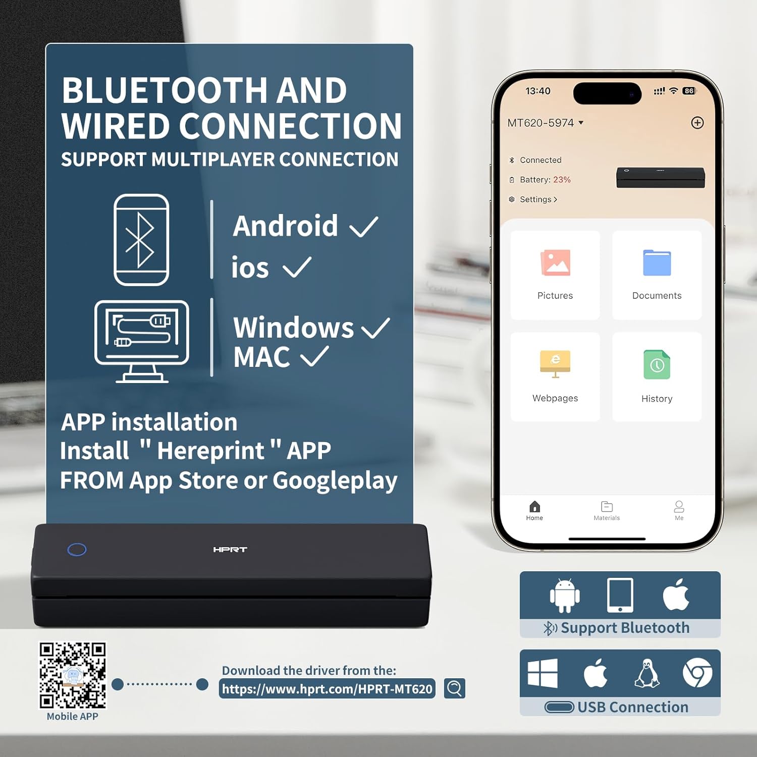HPRT Inkless Portable Printer Wireless for Travel,Thermal Printer Supports 8.5" x 11" US Letter&A4&A5,Compatible with iOS,Android, Laptop, MT620,203 DPI,Black