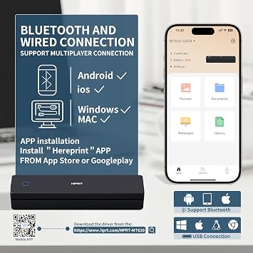 HPRT Inkless Portable Printer Wireless for Travel,Thermal Printer Supports 8.5 x 11 US Letter&A4&A5,Compatible with iOS,Android, Laptop, MT620 Pro,300 DPI,Black