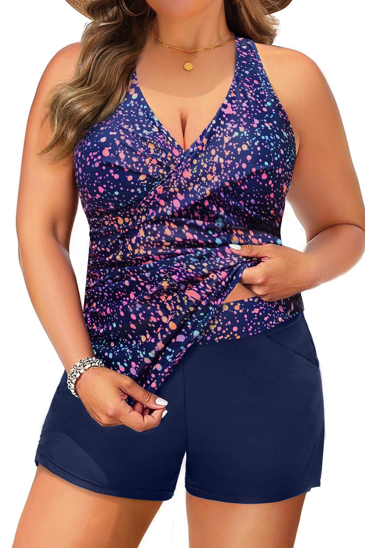 Daci Plus Size Tankini for Women - Two Piece Tummy Control Bathing Suit Tankini Top with Two Pockets Shorts