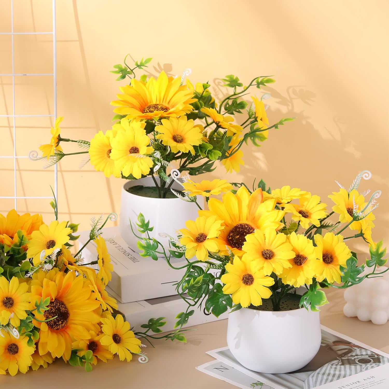 Zeyune 8 Pieces Artificial Sunflower Potted Plants for Yellow Kitchen Decor Sunflower Centerpieces for Tables Mason Jar Artificial Flowers in Plastic Pot for Bathroom Wedding Office (Stylish)