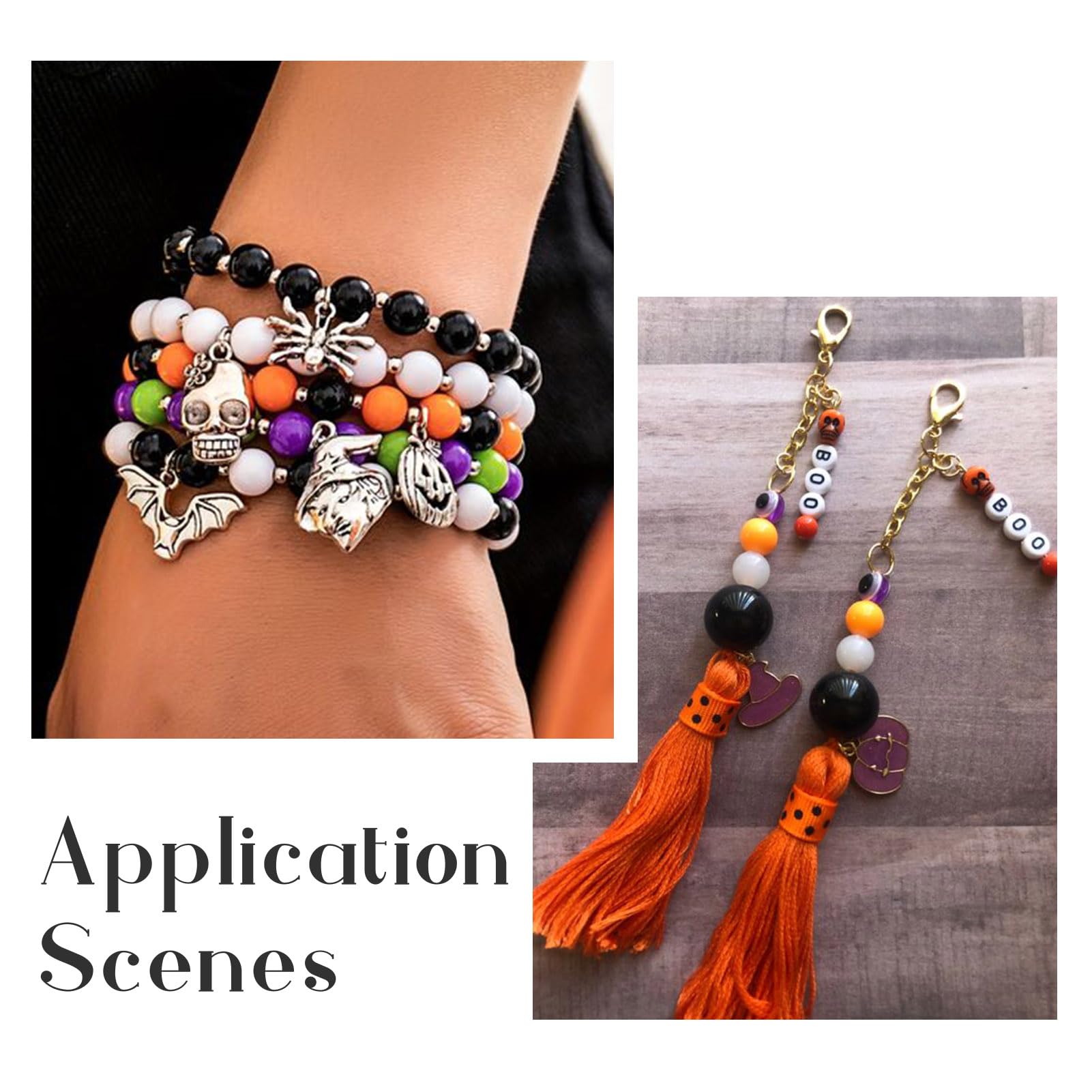Boutigem Kit de fabricación de joyas de ABS y cuentas acrílicas de Halloween, 24 estilos de cuentas planas redondas de tubo de arroz con pinzas de tijera, cordón de cristal, decoración de Halloween