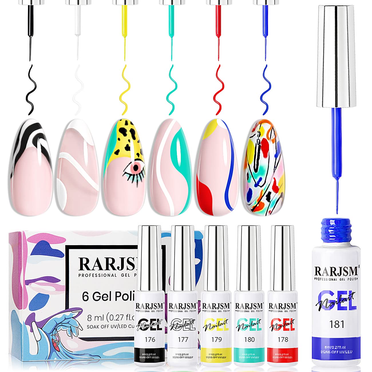 RARJSM Painted Gel Nail Polish Set 6pcs Black White Red Blue Green Yellow Liner Polish Pen UV LED