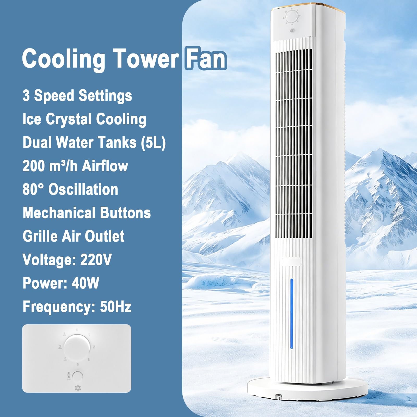 Ventilador Torre Silencioso, 40W Ventilador Columna, Flujo de Aire 200m³/h | Ventiladores de Torre, Oscilación 80°, Doble Depósito de Agua 5L, 3 Velocidades, Estable 30cm, para Hogar