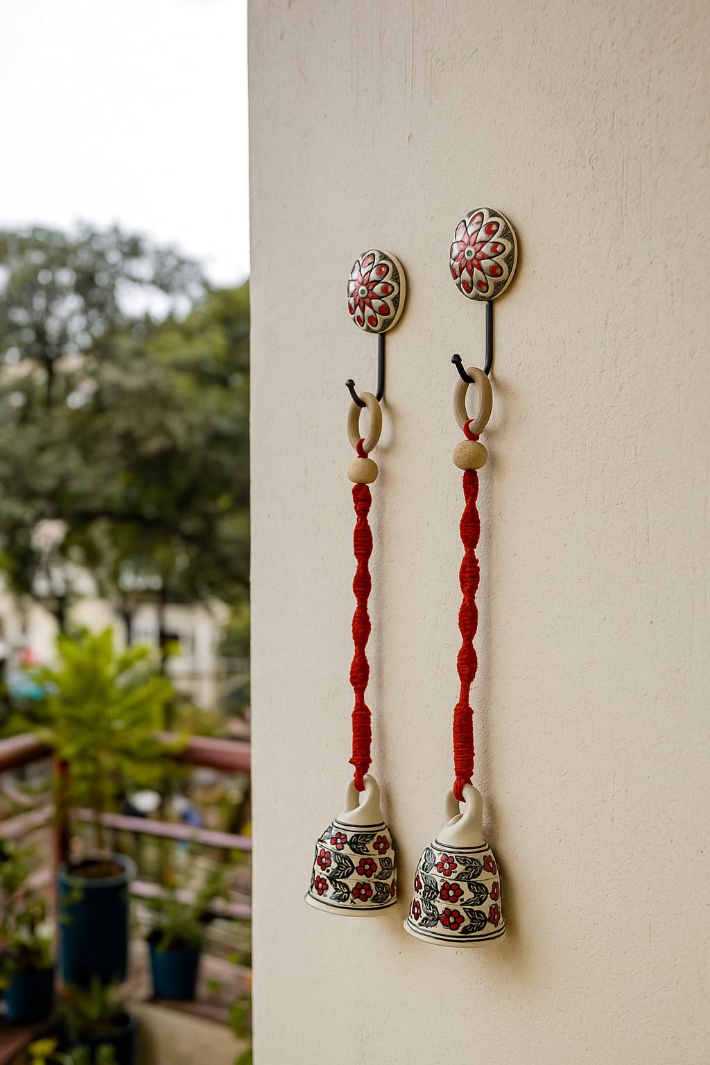 Shopping Shots Ceramic Hand-Painted Macrame Bell Bohemian- Flowers Printed Pack of 2 Large Size Ringing Bells (Size 5inch) with Complementary Ceramic Hooks. Hand-Painted Elegance with a Boho Soul-image-25