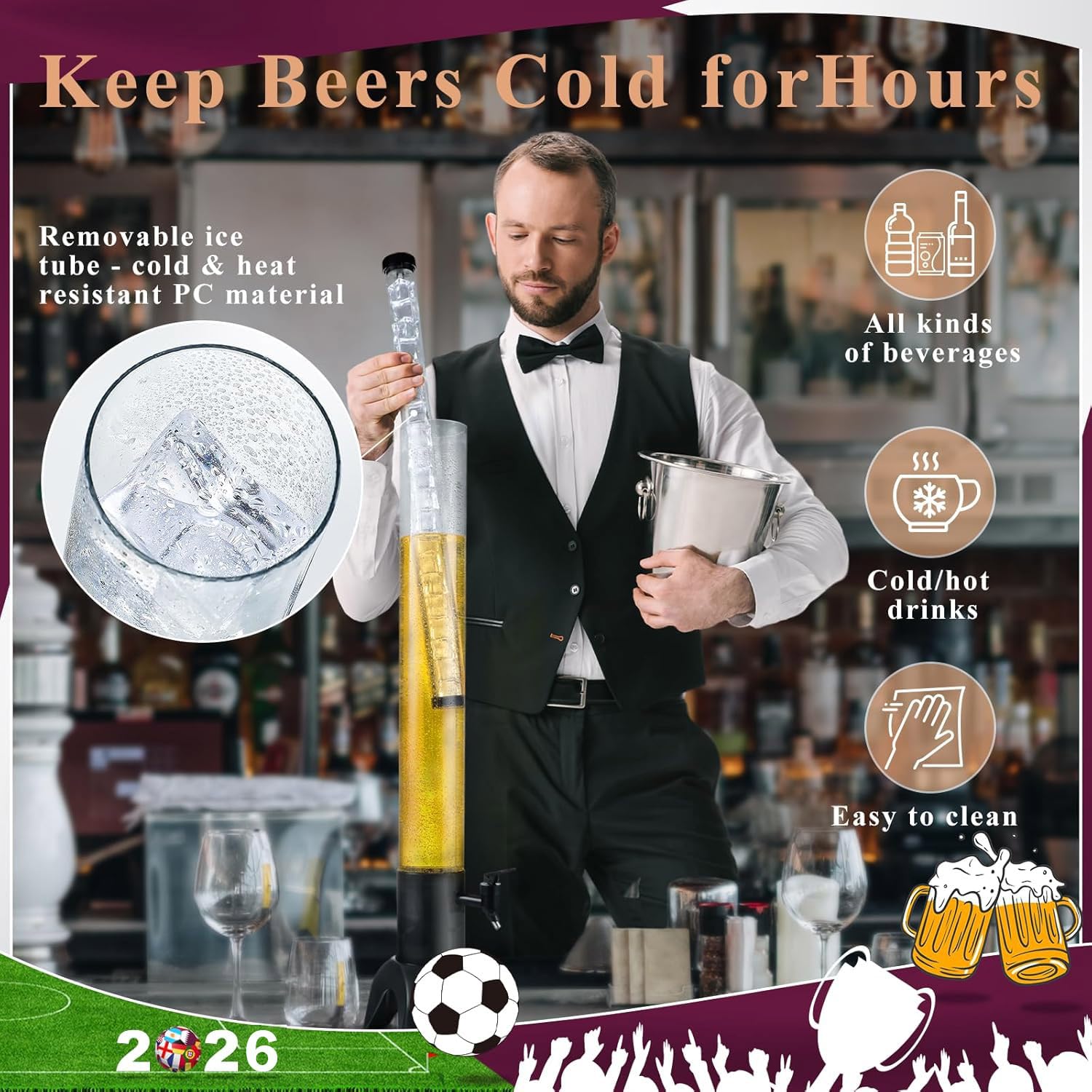 Torre de cerveza, dispensador de torre Mimosa de 3 l/100 onzas con tubo de hielo y luz LED, dispensador de cerveza de mesa de 3.2 cuartos de galón/3 L para fiestas, bares, bares, restaurantes